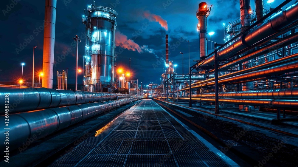 Obraz premium Dramatic Night Scene of an Industrial Facility with Bright Lights