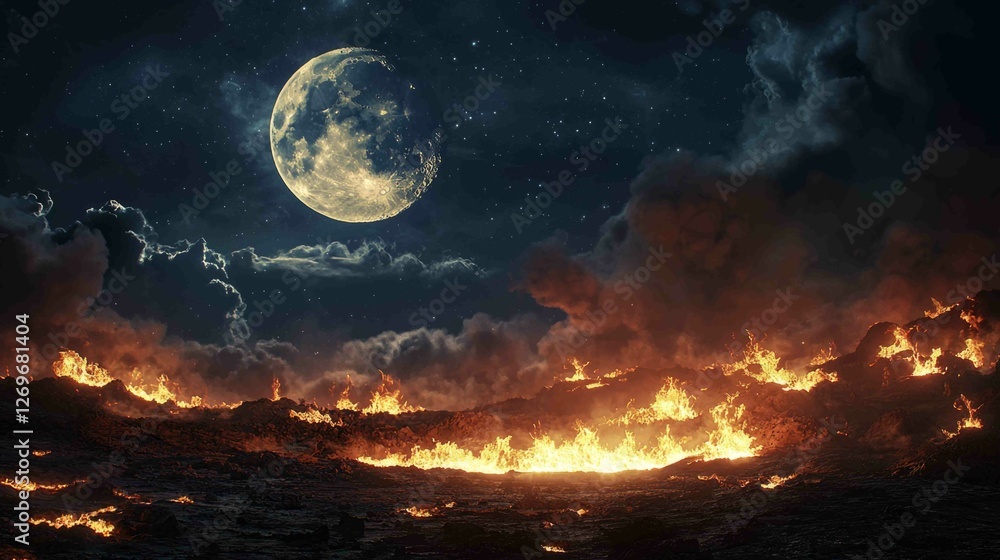 Dramatic Night Scene with Meteorite Impact Creating Fiery Landscape Dramatic Night Scene with Meteorite Impact Creating Fiery Landscape
