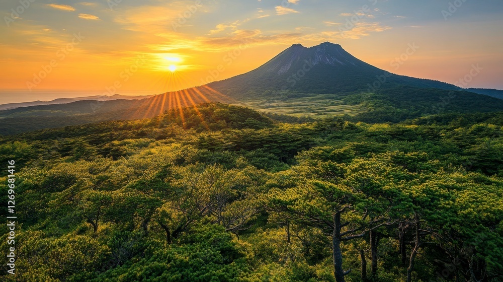 Obraz premium A view of Hallasan mountain, with a vibrant sunrise casting light over the volcanic crater and lush forests surrounding the peak in Jeju Island, South Korea