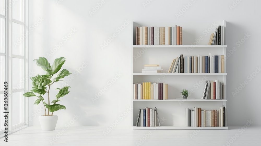 Fototapeta premium Bookshelf in empty room 3d illustration clean reading room with ornamental plants and object minimal concept Interior design