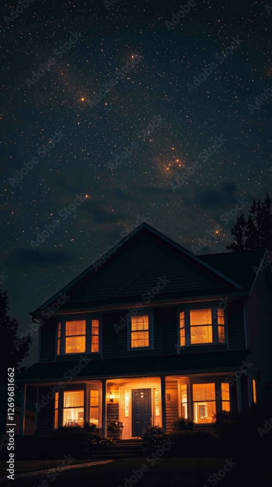 Dramatic Night View of a Suburban Home with Illuminated Windows Dramatic Night View of a Suburban Home with Illuminated Windows