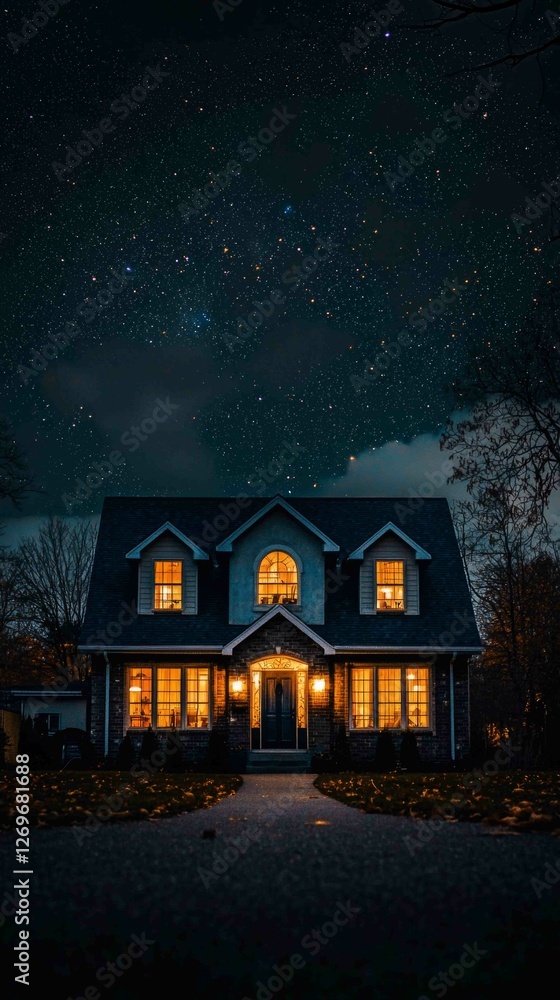 Dramatic Night View of Suburban Home Illuminated by Stars Dramatic Night View of Suburban Home Illuminated by Stars
