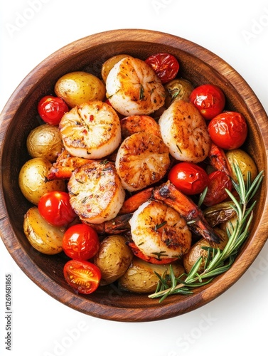 Wooden Bowl with Shrimp and Vegetables