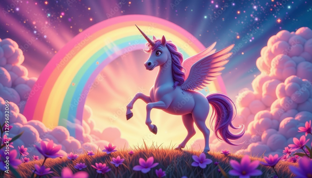 Magical Unicorn Wings Gallop Through Flower Fields Understarried Night Sky with Rainbow. A unicorn with wings stands in a field of flowers. Magical Unicorn Wings Gallop Through Flower Fields Understarried Night Sky with Rainbow. A unicorn with wings stands in a field of flowers.