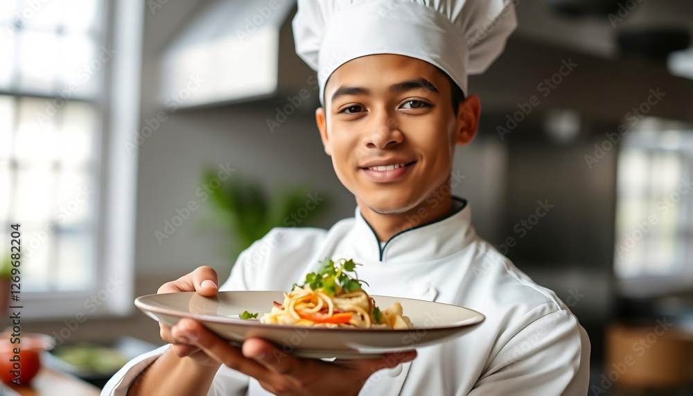 Portrait of a Young Chef Holding a Plated Dish Portrait of a Young Chef Holding a Plated Dish