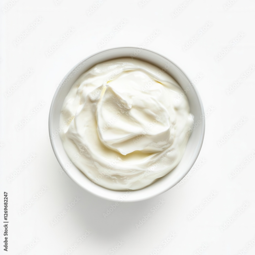 Greek Yogurt in White Bowl Top View Isolated on Pure White Background Greek Yogurt in White Bowl Top View Isolated on Pure White Background