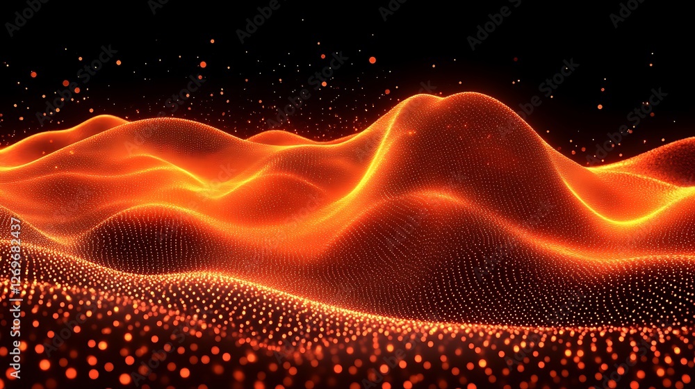 Dynamic Orange Particle Field, Flowing Digital Waves and Abstract Landscape Dynamic Orange Particle Field, Flowing Digital Waves and Abstract Landscape