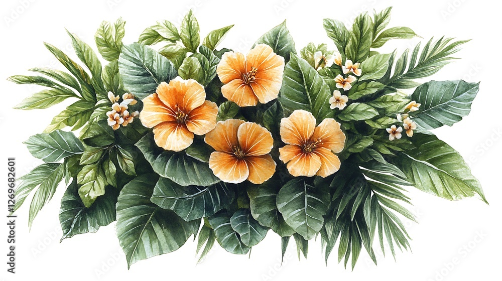 Fototapeta premium Watercolor tropical flowers, leaves, arrangement, design, isolated, white background, greeting card.