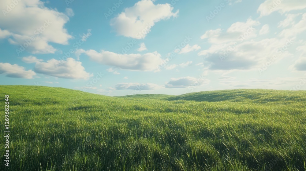 Green Grass Field on Rolling Hills with Dramatic Clouds and Blue Sky for Nature-Inspired Campaigns Green Grass Field on Rolling Hills with Dramatic Clouds and Blue Sky for Nature-Inspired Campaigns