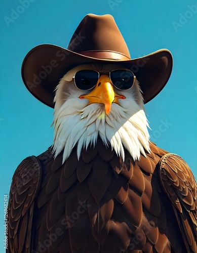 A bald eagle wearing a cowboy hat and sunglasses