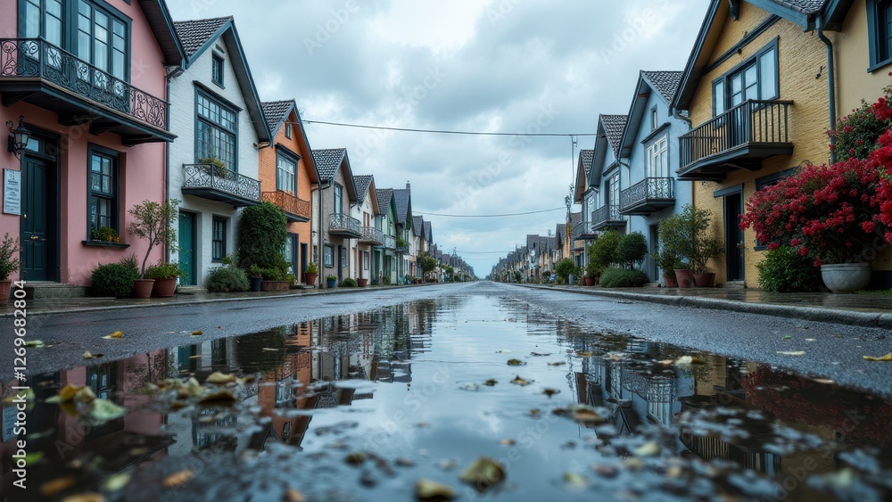 Fototapeta premium Kids jumping in puddles, Coastal town streets with ocean view small reflecting puddles under cloudy sky photorealistic.