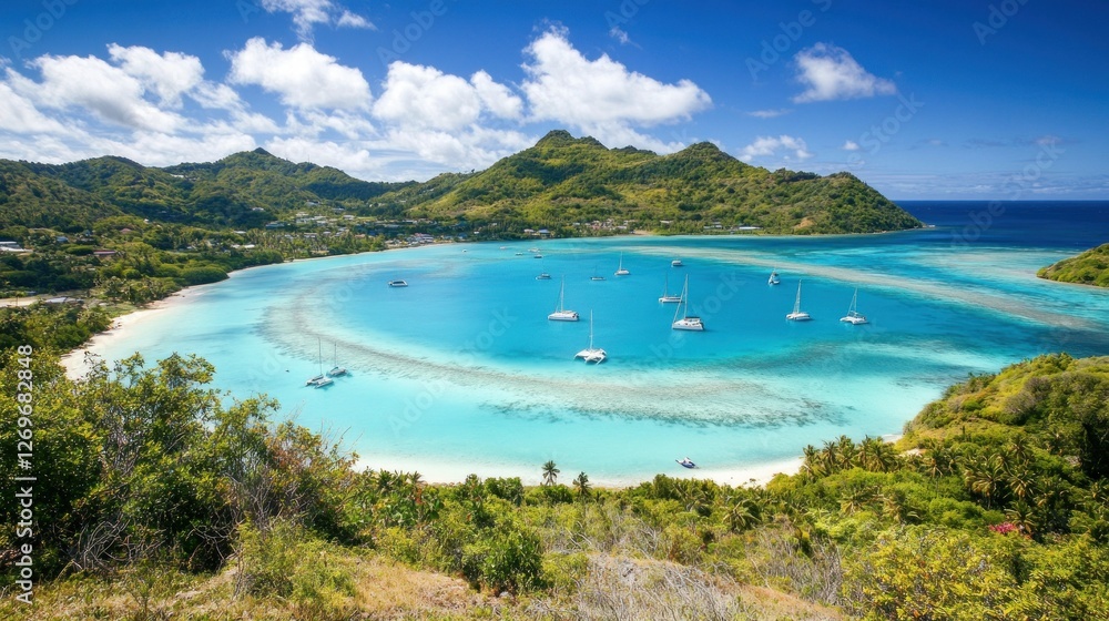 Tropical Island Bay With Boats And Lush Greenery Tropical Island Bay With Boats And Lush Greenery