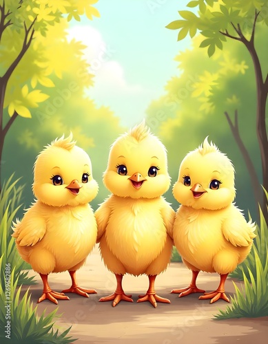A group of cute little chicks looking directly at the camera with a natural background