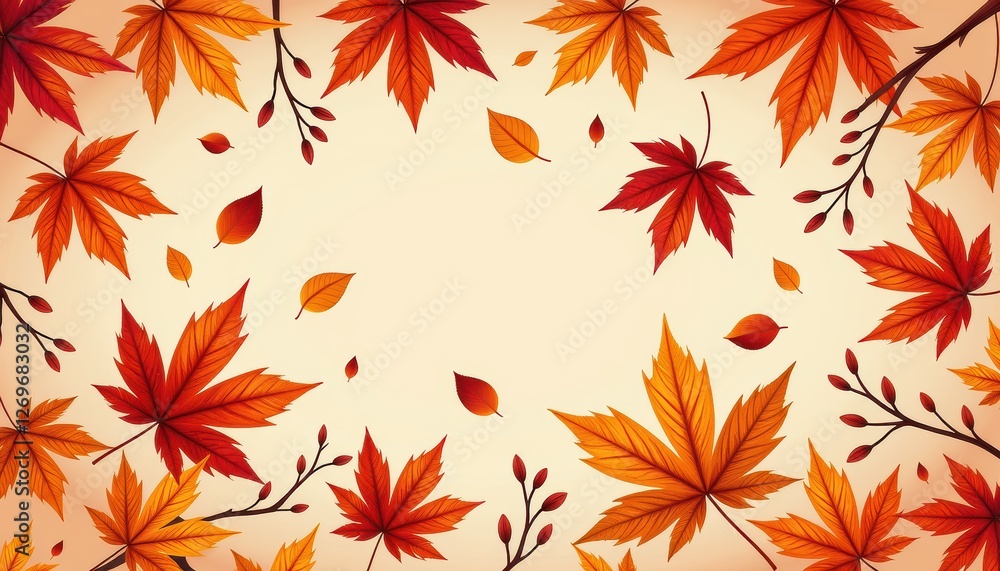Vibrant Animated Autumn Scene: Red, Orange Maple Leaves in MidAir on Beige Background. A vibrant illustration of falling autumn leaves. Vibrant Animated Autumn Scene: Red, Orange Maple Leaves in MidAir on Beige Background. A vibrant illustration of falling autumn leaves.
