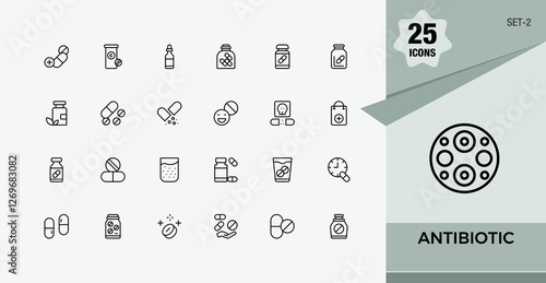 Antibiotic icon set. Includes thin line disease, syrup, medicine, health, virus, treatment and more. Isolated icon. Editable vector stroke.