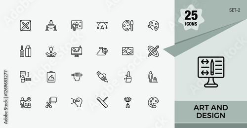 Art And Design isolated icon set. Contains such icons as idea, tool, artwork, web, creative and more. Simple line vector. Editable stroke.