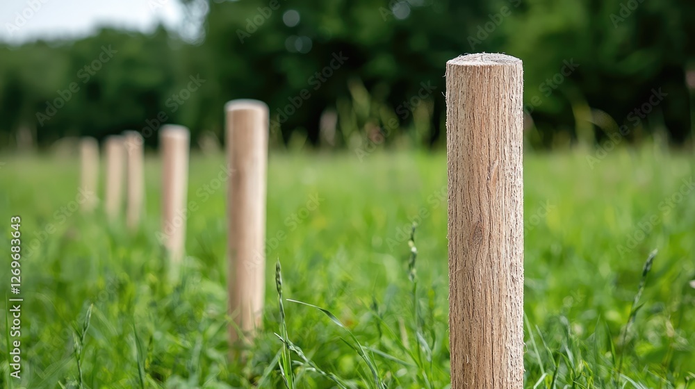 Wooden posts in grassy field, nature background, land surveying Wooden posts in grassy field, nature background, land surveying