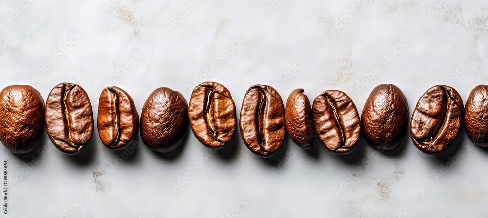 Row of Freshly Roasted Coffee Beans on a White Textured Background, Minimalist Food Photography Row of Freshly Roasted Coffee Beans on a White Textured Background, Minimalist Food Photography