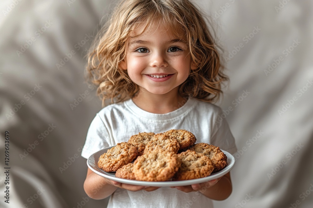 Adorable little girl with blonde curly hair holding plate of fresh baked cookies and smiles, creating a heartwarming moment of childhood happiness and simple pleasures. Adorable little girl with blonde curly hair holding plate of fresh baked cookies and smiles, creating a heartwarming moment of childhood happiness and simple pleasures.