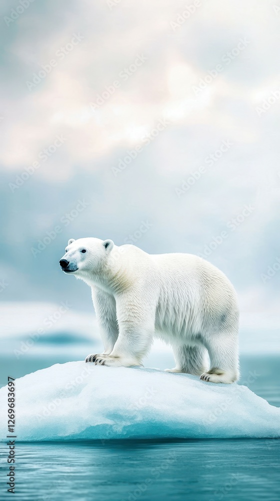 Fototapeta premium Arctic Majesty: A regal polar bear stands atop an iceberg, the vast expanse of the Arctic Ocean and sky providing a dramatic backdrop to this symbol of the icy wilderness. 