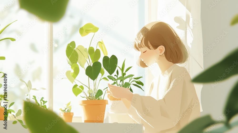 Serene Individual Nurturing Indoor Plants by Sunlit Window in Cozy and Tranquil Environment Serene Individual Nurturing Indoor Plants by Sunlit Window in Cozy and Tranquil Environment