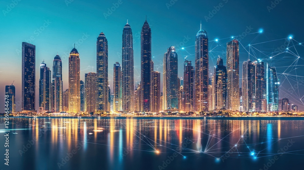 Fototapeta premium Futuristic Dubai Skyline at Night with Digital Network Overlay