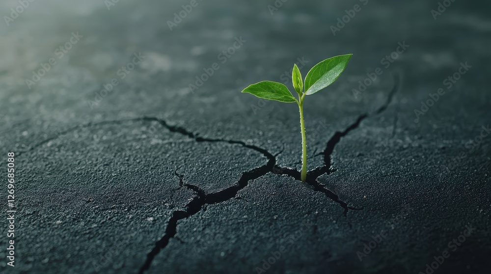 Naklejka premium Small Green Plant Growing from a Cracked Road Symbolizing Resilience and Hope in Urban Environments