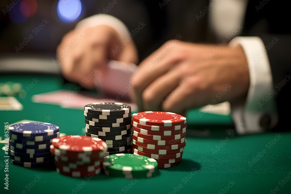 Poker Hands: A close-up of a poker player's hands as they carefully sort through their cards, with a stack of poker chips in the foreground. The dimly lit. Poker Hands: A close-up of a poker player's hands as they carefully sort through their cards, with a stack of poker chips in the foreground. The dimly lit.