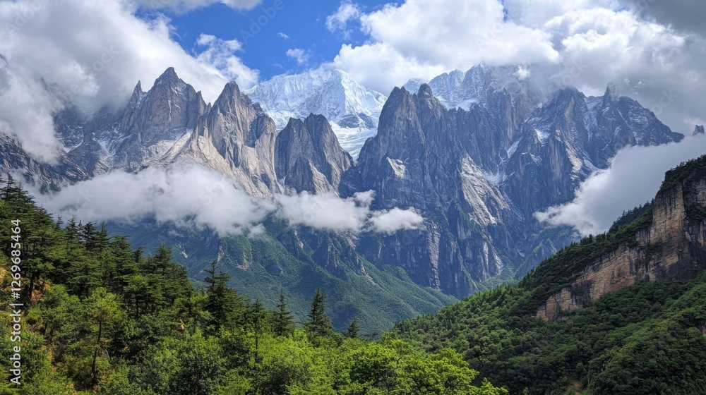 The dramatic cliffs and glaciers of Jade Dragon Snow Mountain, with clouds swirling around the jagged peaks and rugged terrain beneath The dramatic cliffs and glaciers of Jade Dragon Snow Mountain, with clouds swirling around the jagged peaks and rugged terrain beneath