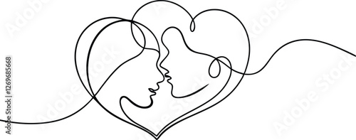 One Line Drawing Couple Heart Love Romance Minimalist Art Design