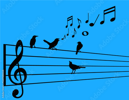 Birds gather around a talented song bird who sings as they all sit on a musical treble clef staff in this illustration.