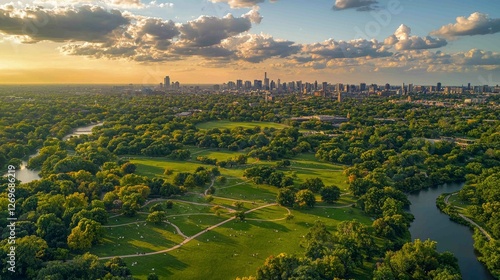 Aerial View of Urban Park Surrounded by Cityscape at Sunset