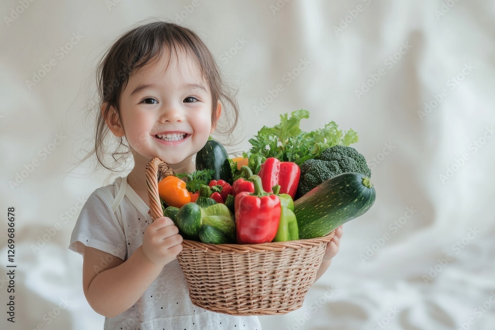 A joyful little girl holding a basket brimming with fresh, colorful vegetables, promoting healthy eating habits and a vibrant lifestyle. A joyful little girl holding a basket brimming with fresh, colorful vegetables, promoting healthy eating habits and a vibrant lifestyle.