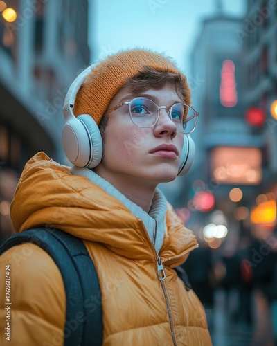 Young Person with Headphones in Urban Setting on a Colorful Evening