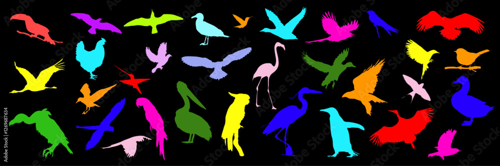 Naklejka premium Set of vector colored silhouettes of birds on black background, various bird silhouettes, illustration of flying, sitting birds, suitable for nature, wildlife design