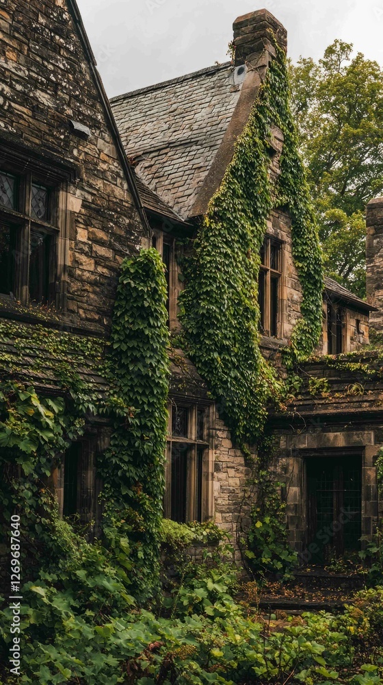 Dramatic View of an Old Stone Home with Ivy Covered Walls Dramatic View of an Old Stone Home with Ivy Covered Walls