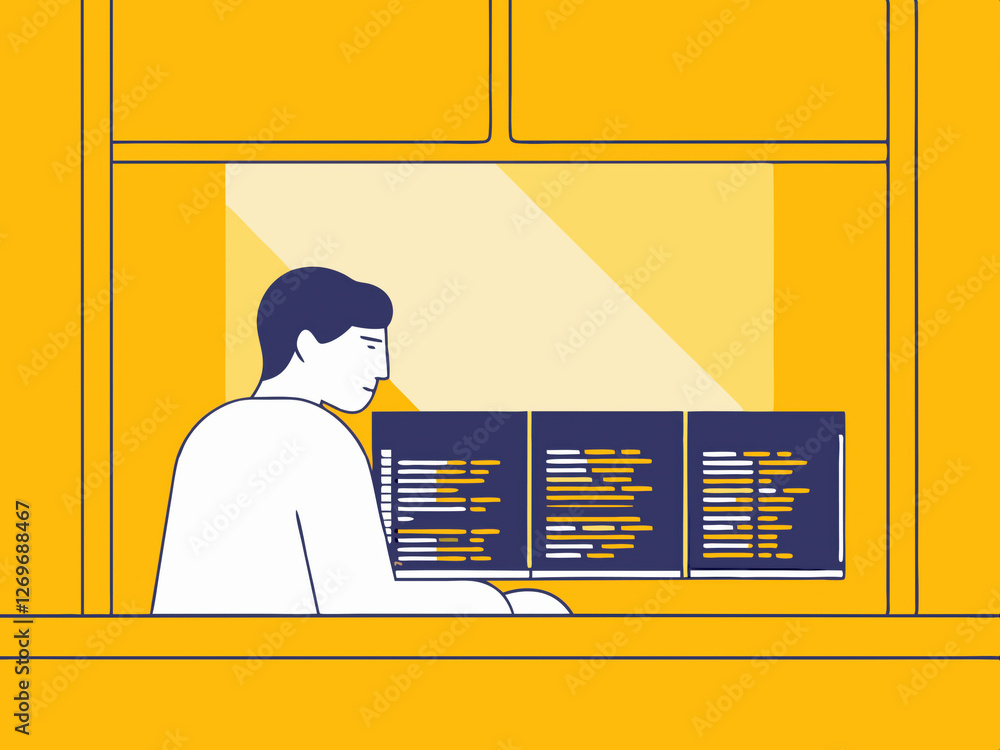 Illustration eines Programmierers, der an mehreren Bildschirmen mit Code arbeitet, Illustration of a programmer working with multiple screens displaying code
