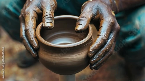 Potter's hands shaping clay pot, workshop, India, rural background