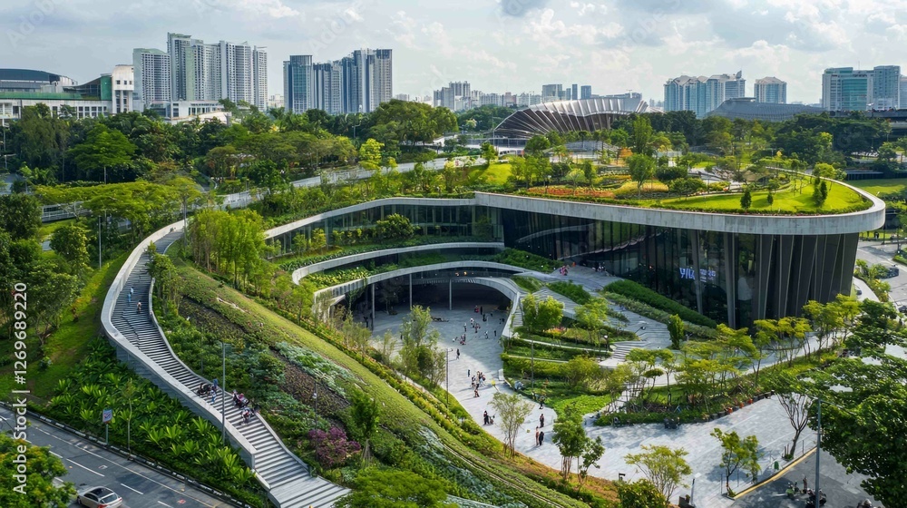 Fototapeta premium Vibrant Urban Landscape with Green Park and Bustling Streets