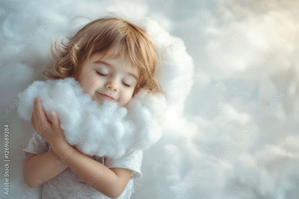 A serene child sleeps peacefully among fluffy clouds, embracing a dreamlike, soft and gentle atmosphere, with a gentle smile and a dreamy expression. A serene child sleeps peacefully among fluffy clouds, embracing a dreamlike, soft and gentle atmosphere, with a gentle smile and a dreamy expression.