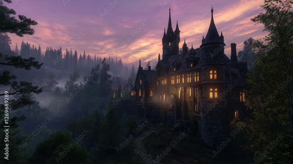 Majestic Fairy Tale Castle at Dusk with Magical Glow and Mysterious Atmosphere Majestic Fairy Tale Castle at Dusk with Magical Glow and Mysterious Atmosphere