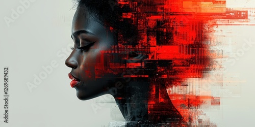 Digital Dreamscape Profile of Contemplative Woman with Fractured Reality in Red and White