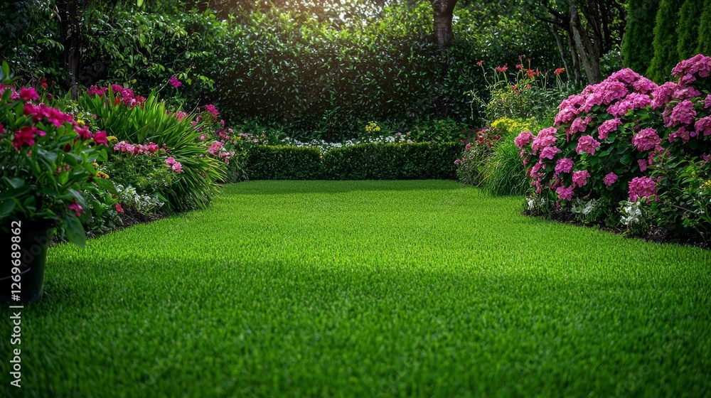 Vibrant Symmetrical Garden with Lush Lawn and Colorful Flowers Vibrant Symmetrical Garden with Lush Lawn and Colorful Flowers
