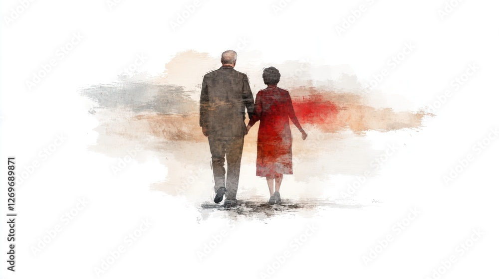 Obraz premium Elderly Couple Walking Arm in Arm - Watercolor Illustration of Senior Man and Woman, Love and Family Concept