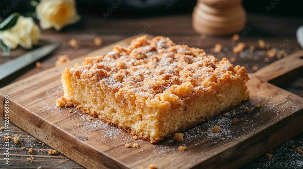 Freshly Baked Crumb Cake with Crunchy Top on Wooden Board Freshly Baked Crumb Cake with Crunchy Top on Wooden Board