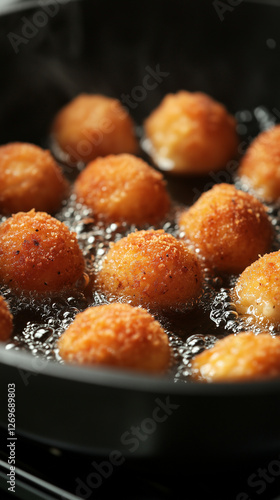 Breaded balls of cheese are frying in hot oil in a dark frying pan.