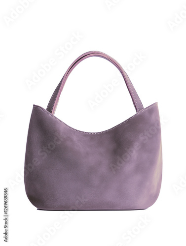 Close-up of a lavander colour suede shoulder bag. Transparent background.