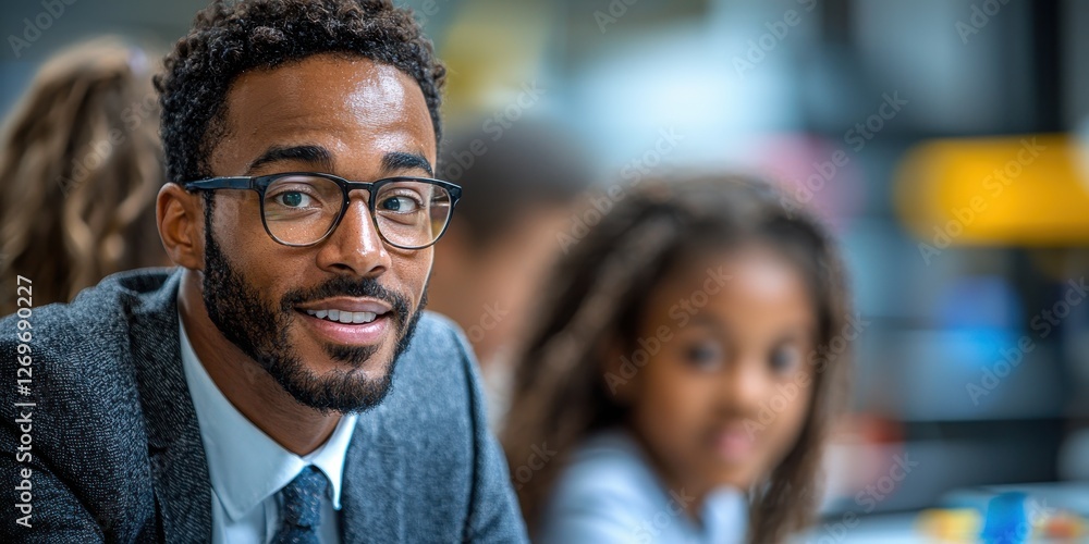 Modern Educator with Enthusiasm Leading Young Student in a Classroom Environment of Learning Modern Educator with Enthusiasm Leading Young Student in a Classroom Environment of Learning