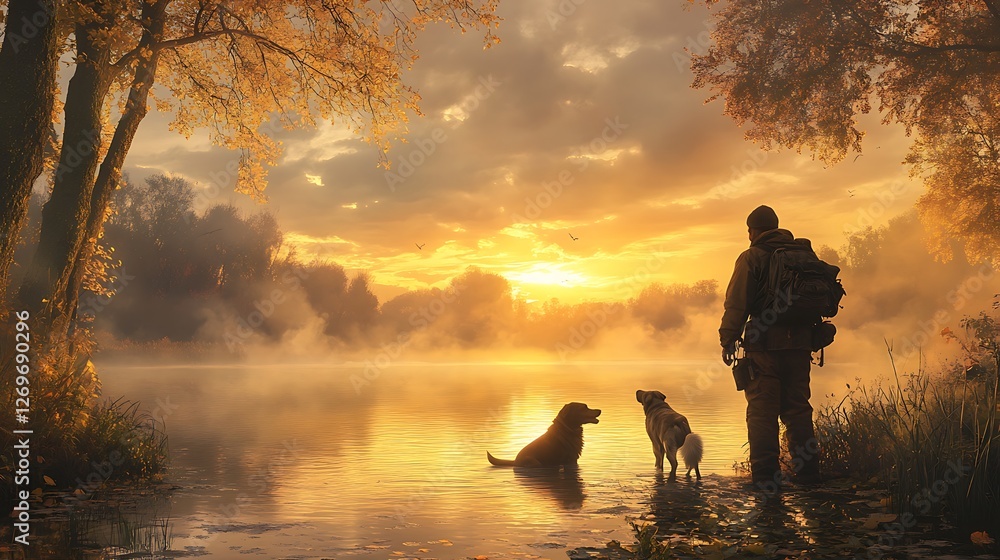 Fototapeta premium A Hunter and His Dog at Twilight