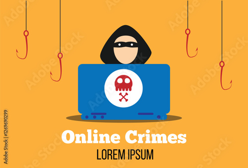 Internet Criminal or Hacker Behind Computer with Phishing Hooks. Online crimes and scammer concept vector art